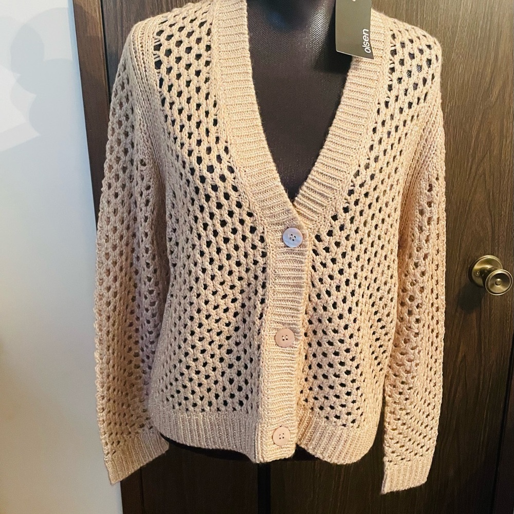 Open-Knit Beige Button-Front Cardigan Sweater